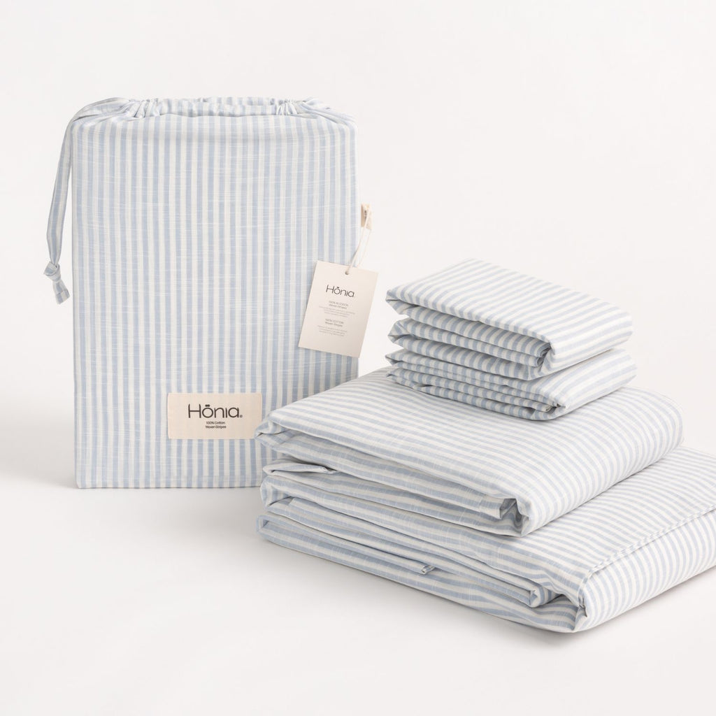 100% Cotton Woven Stripe Sheet Set Light Blue
